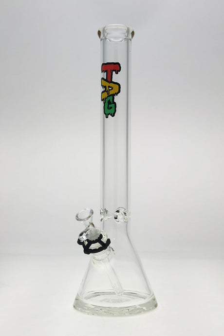 TAG 18" Beaker Bong with Wavy Rasta Label, 50x7MM thick glass, front view on white background