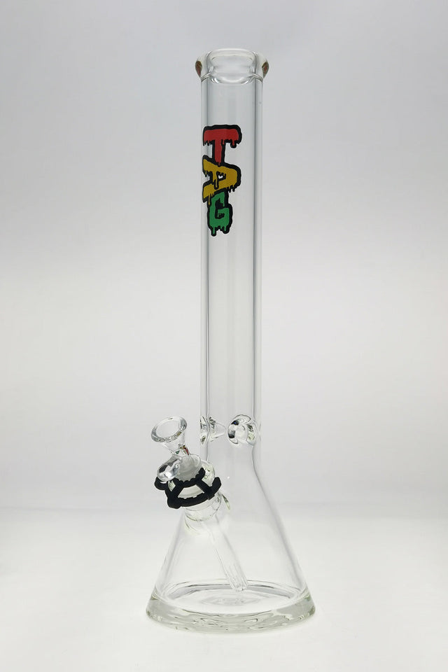 TAG 18" Beaker Bong with Wavy Rasta Label, 50x7MM thick glass, front view on white background