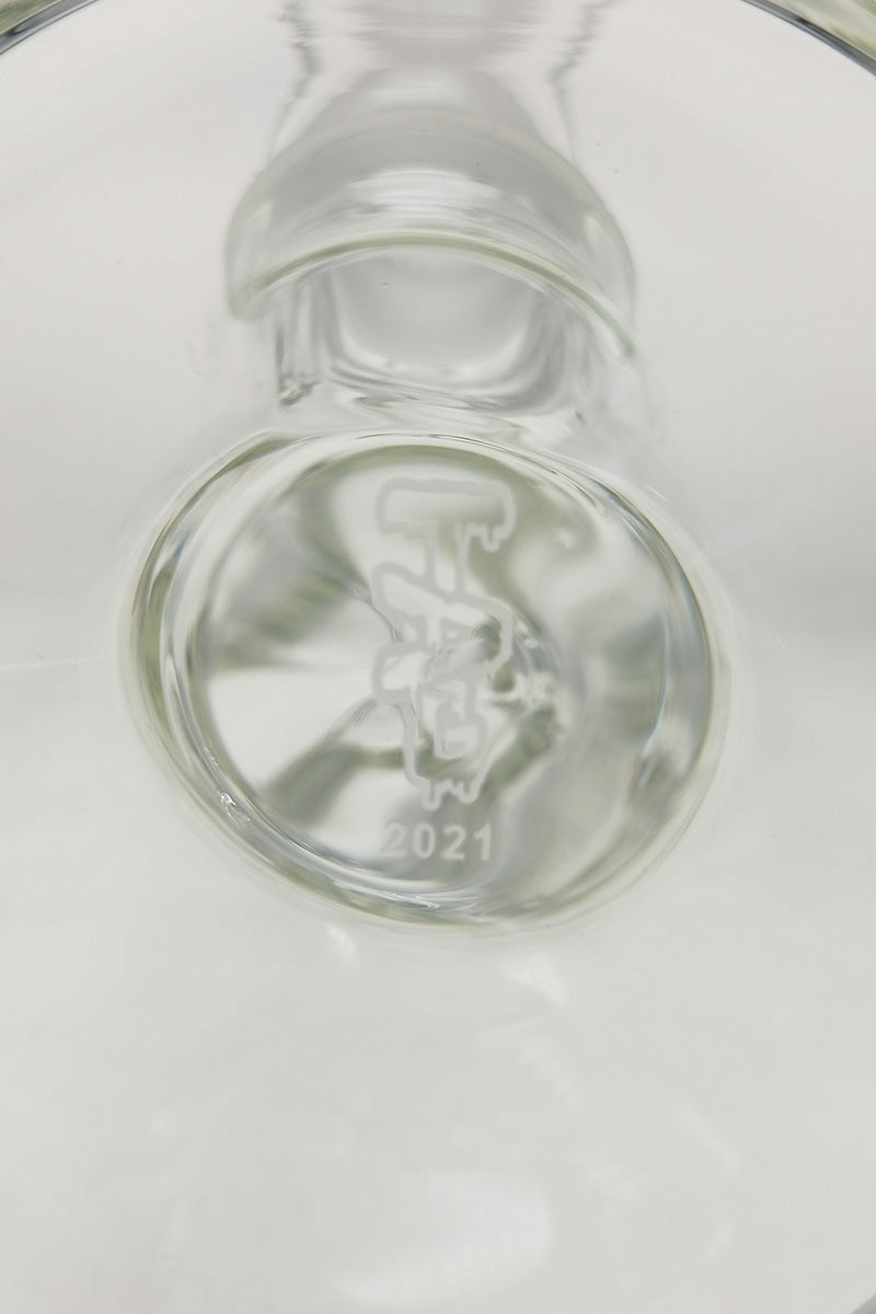 Close-up view of TAG 18" Beaker Bong downstem with 28/18MM joint size and 2021 engraving