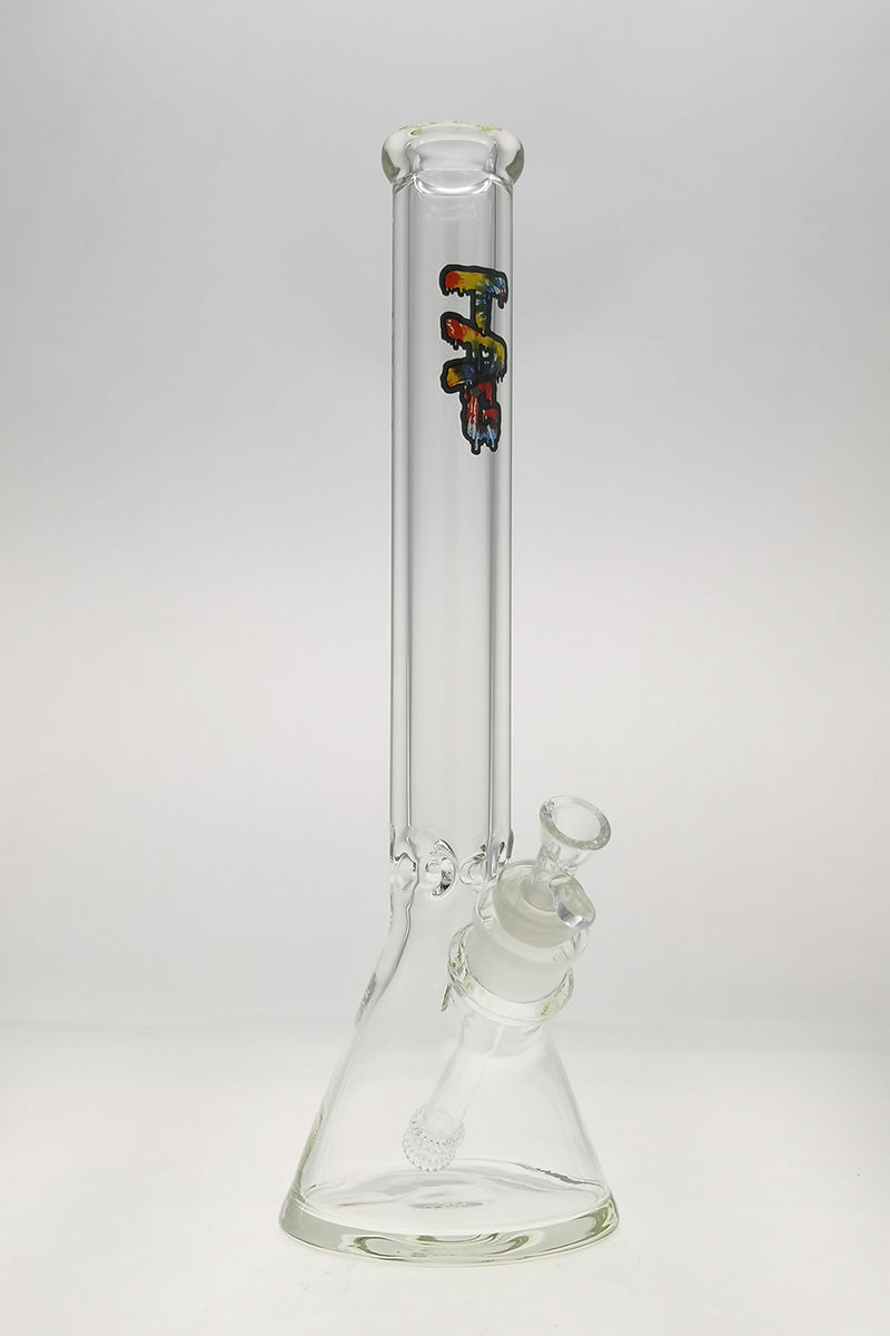 TAG 18" Beaker Bong 50x9MM with Tie Dye Logo, 28/18MM Downstem, Front View on White Background