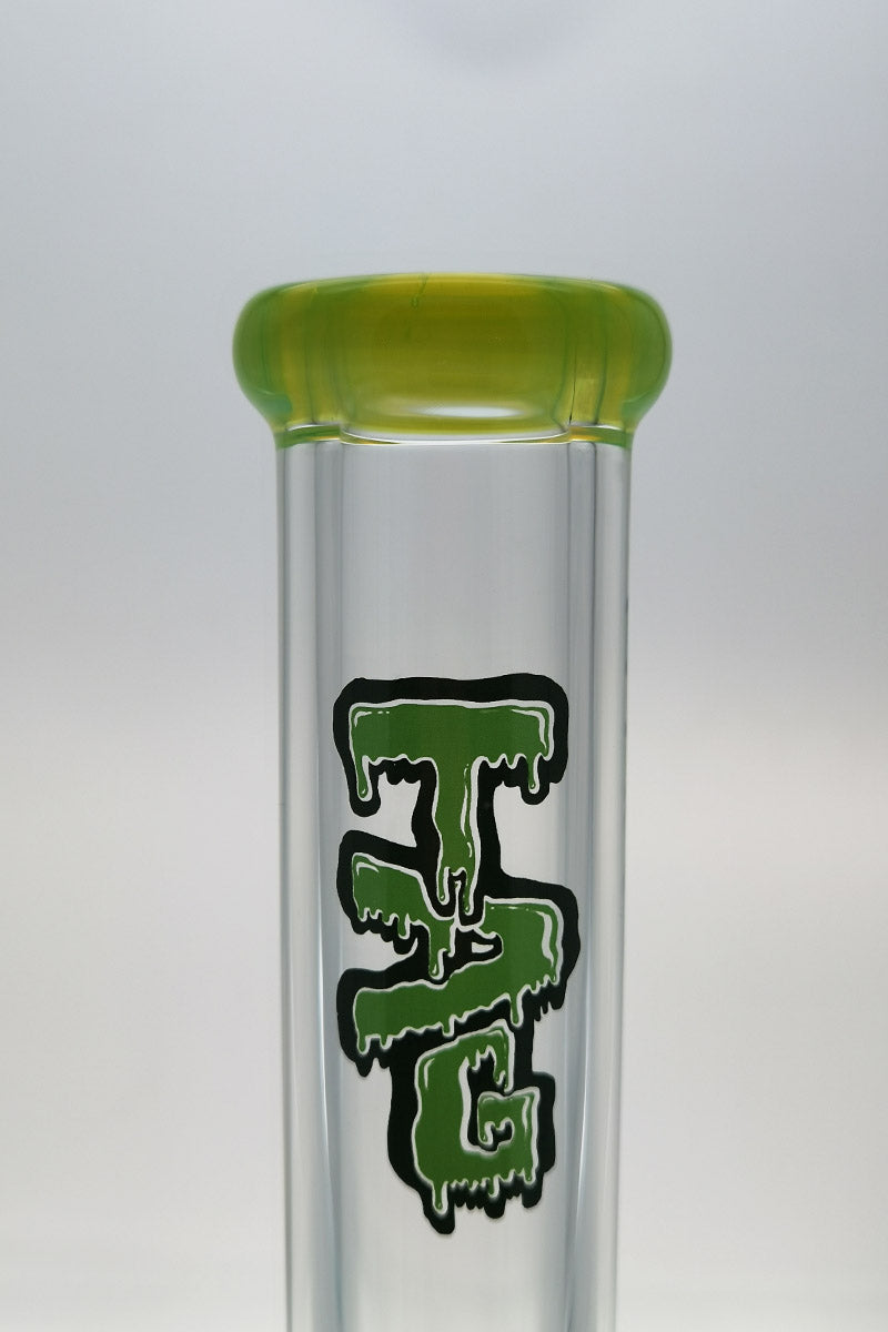Close-up of TAG 18" Beaker Bong with Rasta Logo, 50x9MM Super Thick Glass, 18/14MM Downstem
