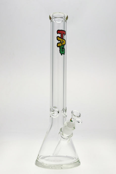 TAG 18" Beaker Bong with Wavy Rasta Label, 50x9MM Thick Glass, Front View on White Background