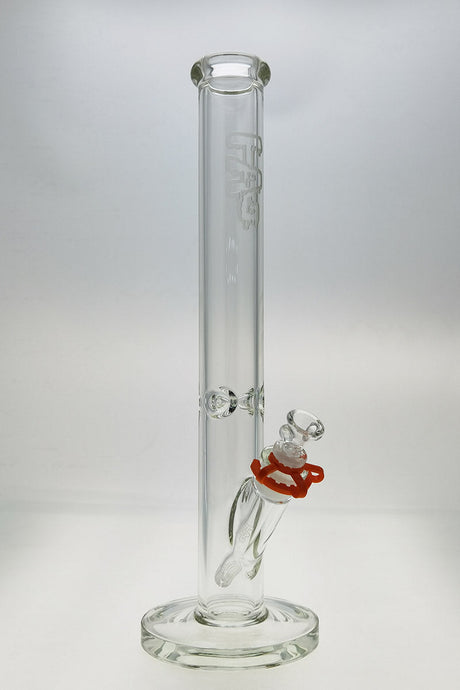 TAG 18" Straight Tube Bong, 50x7MM with 18/14MM Downstem, Front View, Clear with Engraved Logo
