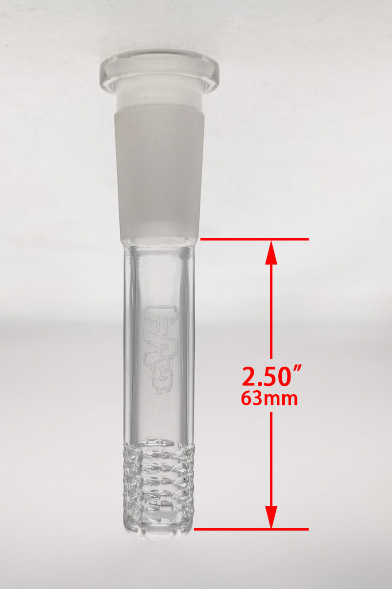 TAG 18/14MM Super Slit Downstem 5.50" front view with dimensions, clear with laser logo