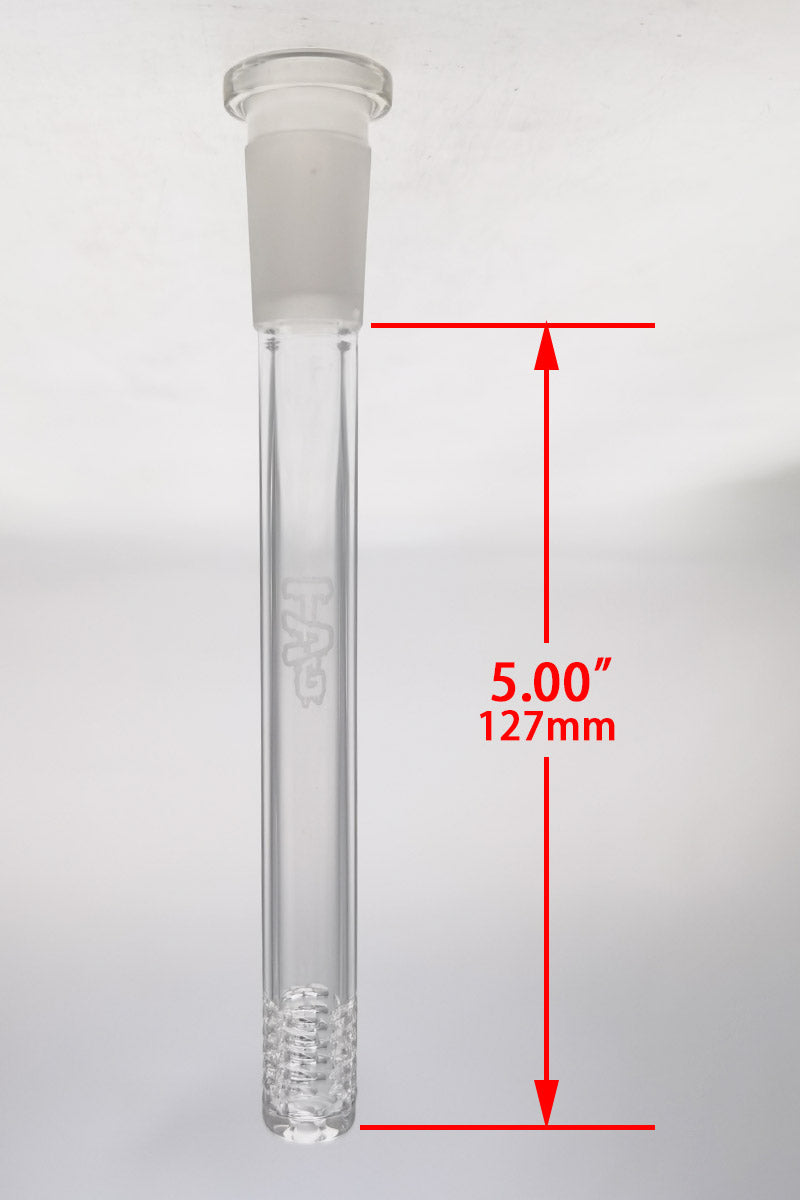 TAG 5.50" Super Slit Downstem with 54 holes for bongs, clear glass, front view with measurements