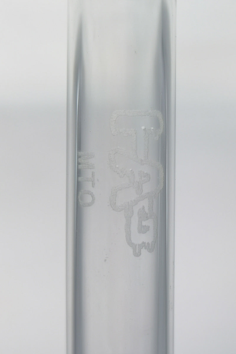 Close-up of TAG 54-hole open end gridded super slit downstem for bongs, clear view