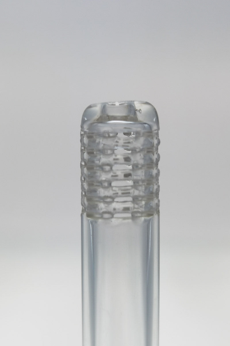 Close-up of TAG 54 Hole Gridded Downstem for bongs, 18mm to 14mm joint size, clear glass
