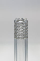 Close-up of TAG 54 Hole Gridded Downstem for bongs, 18mm to 14mm joint size, clear glass