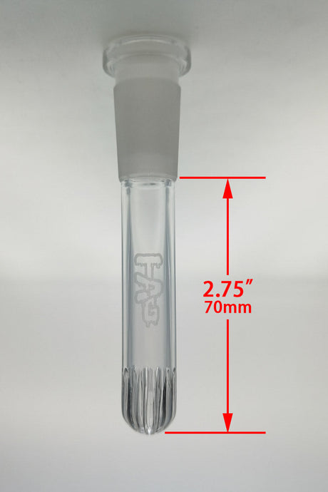 TAG 2.75" Clear Showerhead Downstem with Engraved Logo for Bongs - Front View