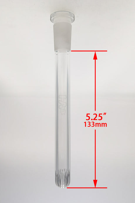 TAG 5.25" Super Slit Showerhead Downstem front view on white background, showing length measurements
