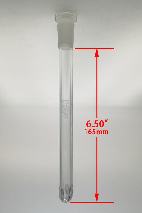 TAG rounded super slit showerhead downstem, 6.50" clear with laser engraved logo, front view