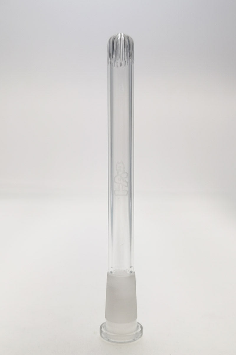 TAG 18/14MM rounded super slit showerhead downstem for bongs, clear glass, front view