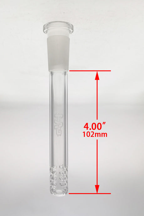 TAG 4 inch 32 Slit Multiplying Rod Downstem for Bongs, Clear with Engraved Logo, Front View