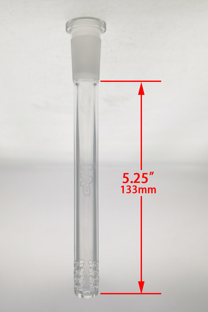 TAG 5.25" 32 Slit Multiplying Rod Downstem for Bongs, Clear with Engraved Logo, Front View