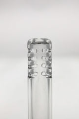 Close-up view of TAG 32-slit quartz downstem for bongs, 18mm to 14mm joint size, clear glass