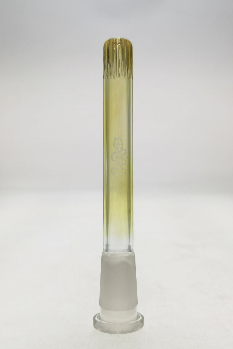 TAG Super Slit Showerhead Downstem front view, 18/14MM joint, clear glass with Thick Ass Glass logo