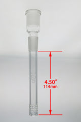 TAG 18/18MM Open End Downstem 32 Slit Multiplying Rod for bongs, clear glass, front view with measurements