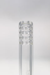 Close-up of TAG 32-slit multiplying rod downstem for bongs, 18/18MM joint size, clear glass