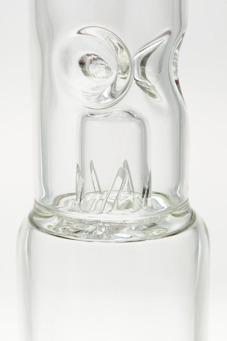 Close-up of TAG inline to fixed showerhead percolator in 19" bong, 7mm thick quartz glass, tie-dye color