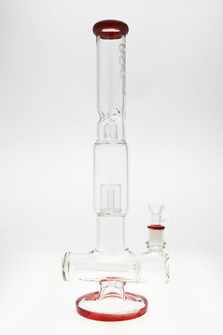 TAG 19" bong with inline to showerhead perc, red accents, and sandblasted logo, on white background