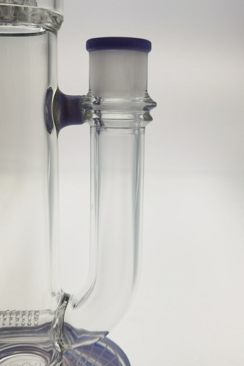 Close-up side view of TAG 19" glass bong with inline to tree percolator and 18mm female joint
