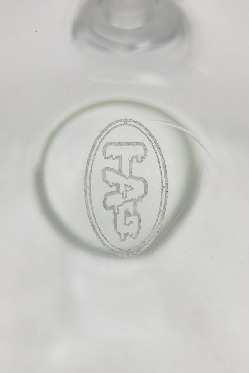 Close-up of TAG 20" Beaker Base with Wavy Sandblasted Logo, 50x5MM Clear Borosilicate Glass