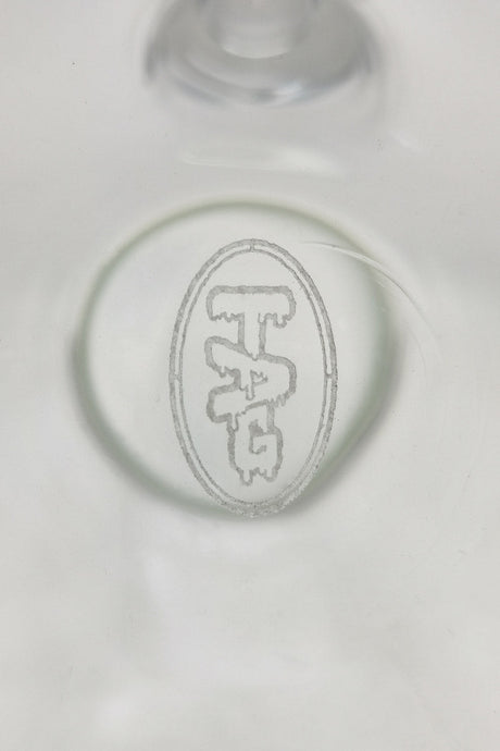 Close-up of TAG 20" Beaker Base with Wavy Sandblasted Logo, 50x5MM Clear Borosilicate Glass