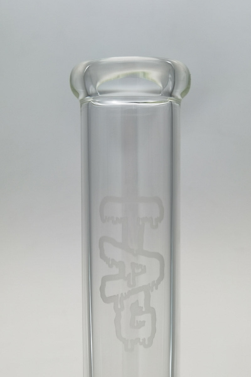 TAG 20" Beaker Bong 50x5MM with Sandblasted Logo, Clear Borosilicate Glass, Front View