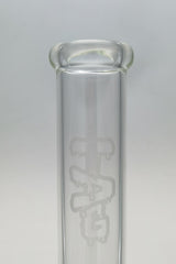 TAG 20" Beaker Bong 50x5MM with Sandblasted Logo, Clear Borosilicate Glass, Front View