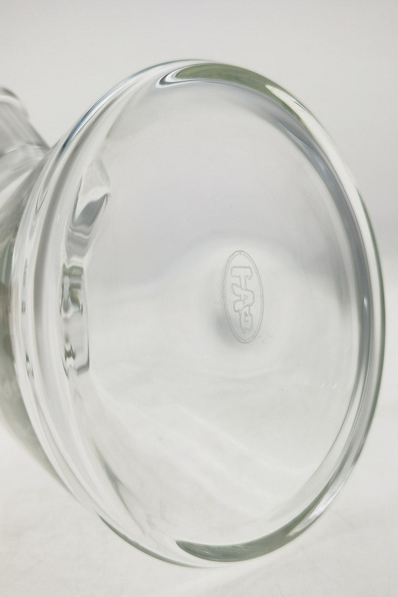 TAG 20" Beaker Bong Bottom View with Wavy Sandblasted Logo on Clear Borosilicate Glass