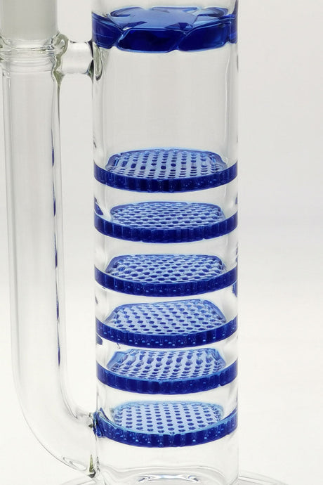 TAG 20" Sextuple Honeycomb Water Pipe close-up, showcasing 6 blue honeycomb percs and thick glass