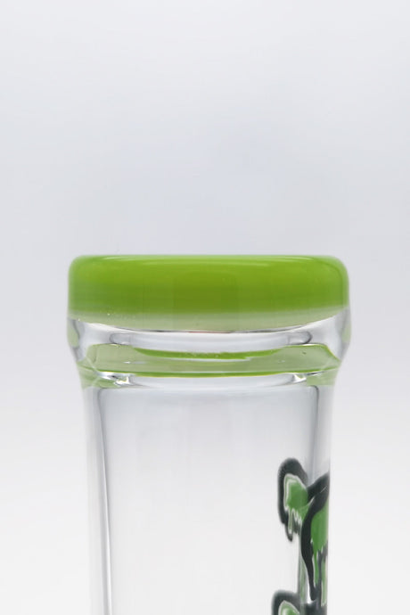 Close-up of TAG 20" Super Slit Inline Bong with green rim and clear body, 50x5MM, 18MM Female joint