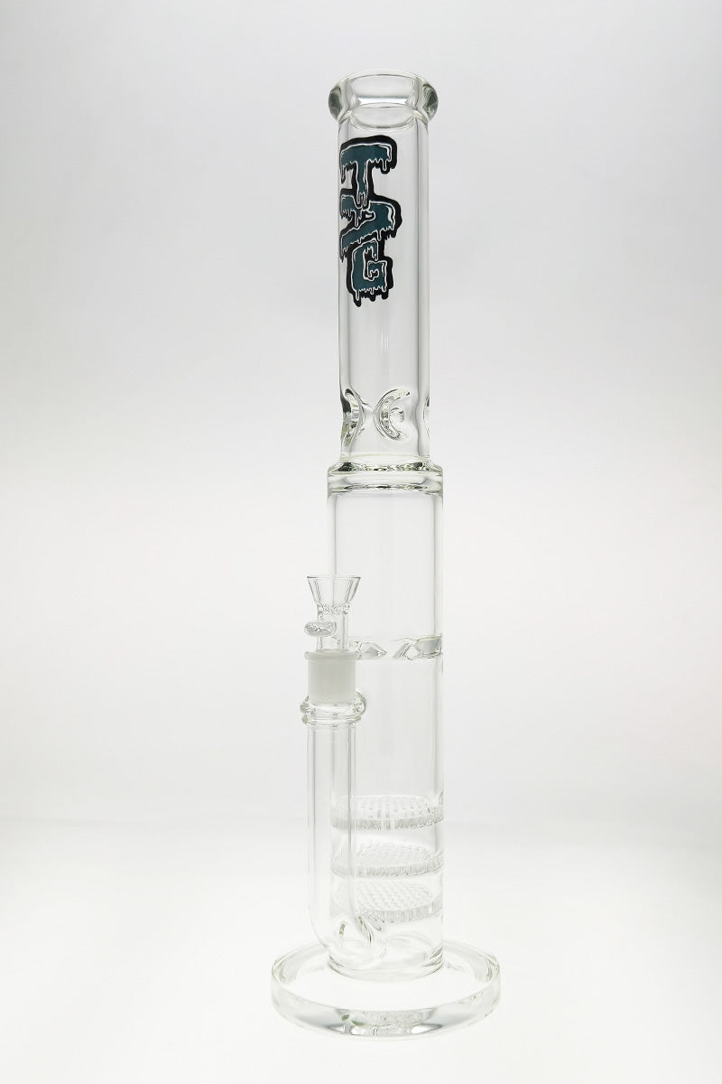 TAG 20" Triple Honeycomb Bong with Spinning Splash Guard, Clear with Blue Slyme Label, Front View