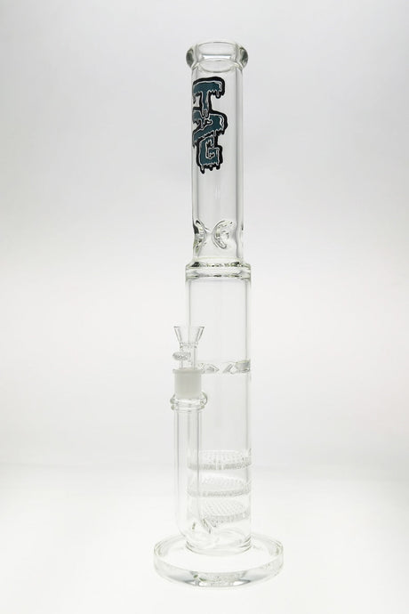 TAG 20" Triple Honeycomb Bong with Spinning Splash Guard, Clear with Blue Slyme Label, Front View