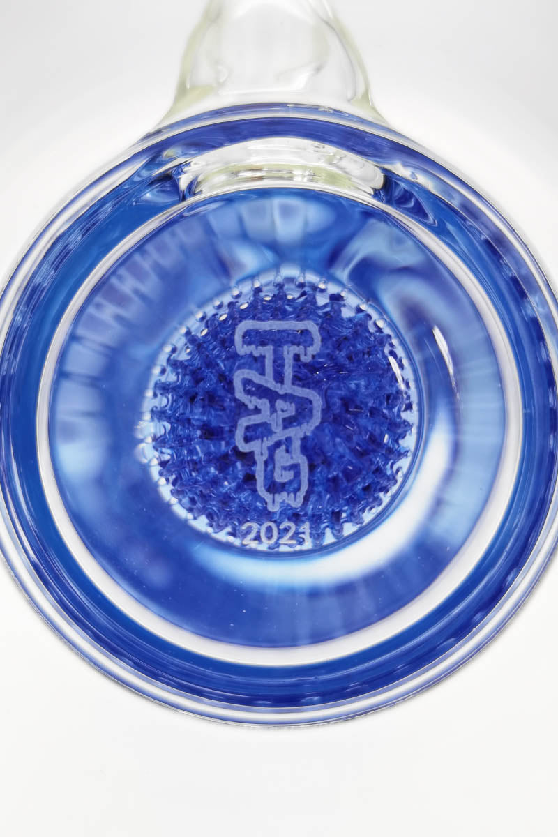 Close-up of TAG 20" Bong's blue netted disc with 2021 logo, 18MM female joint size