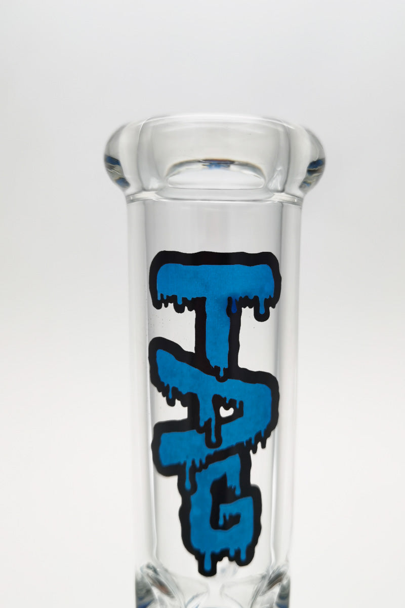 Close-up of TAG logo on 20" Triple Netted Disc Bong with Thick Glass