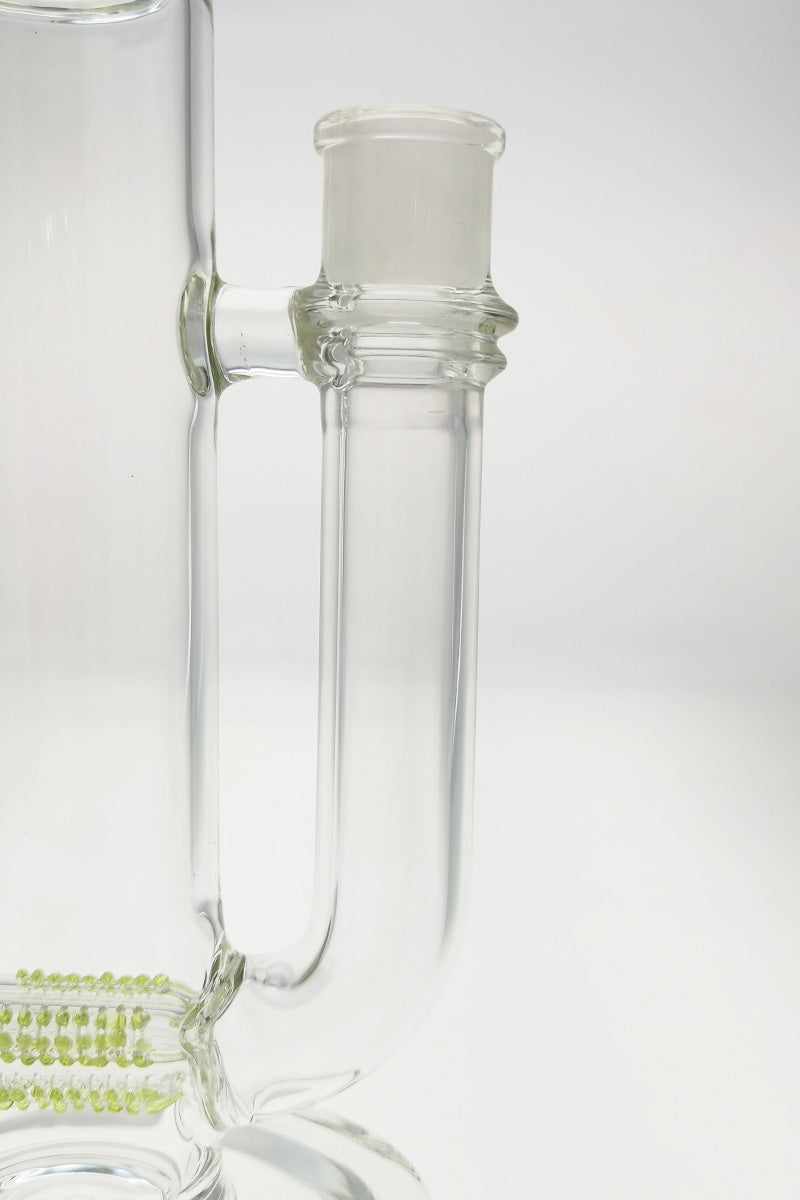 Close-up of TAG 21" Triple to Double Inline Glass Bong with 18MM Female Joint on White Background