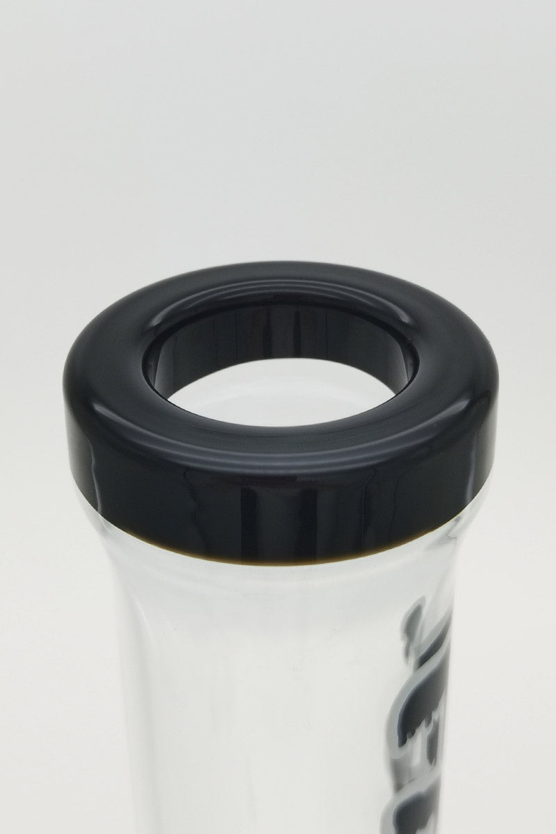 Close-up of TAG 21" bong top with 18MM female joint, showcasing thick 4mm glass and black rim