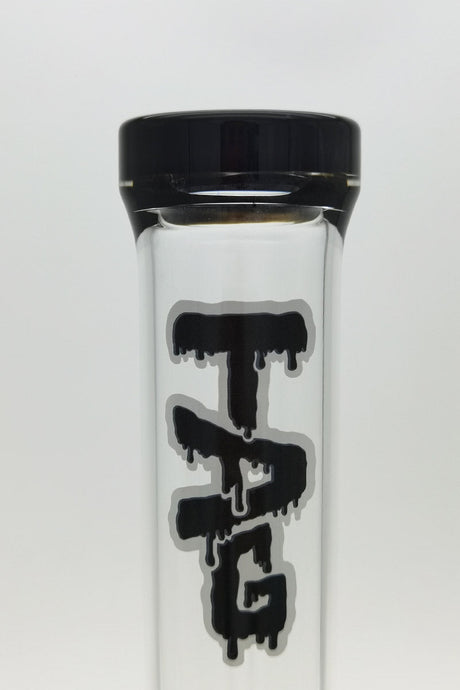 Close-up of TAG 21" bong with triple to double inline percolator, 18MM female joint, 4mm glass