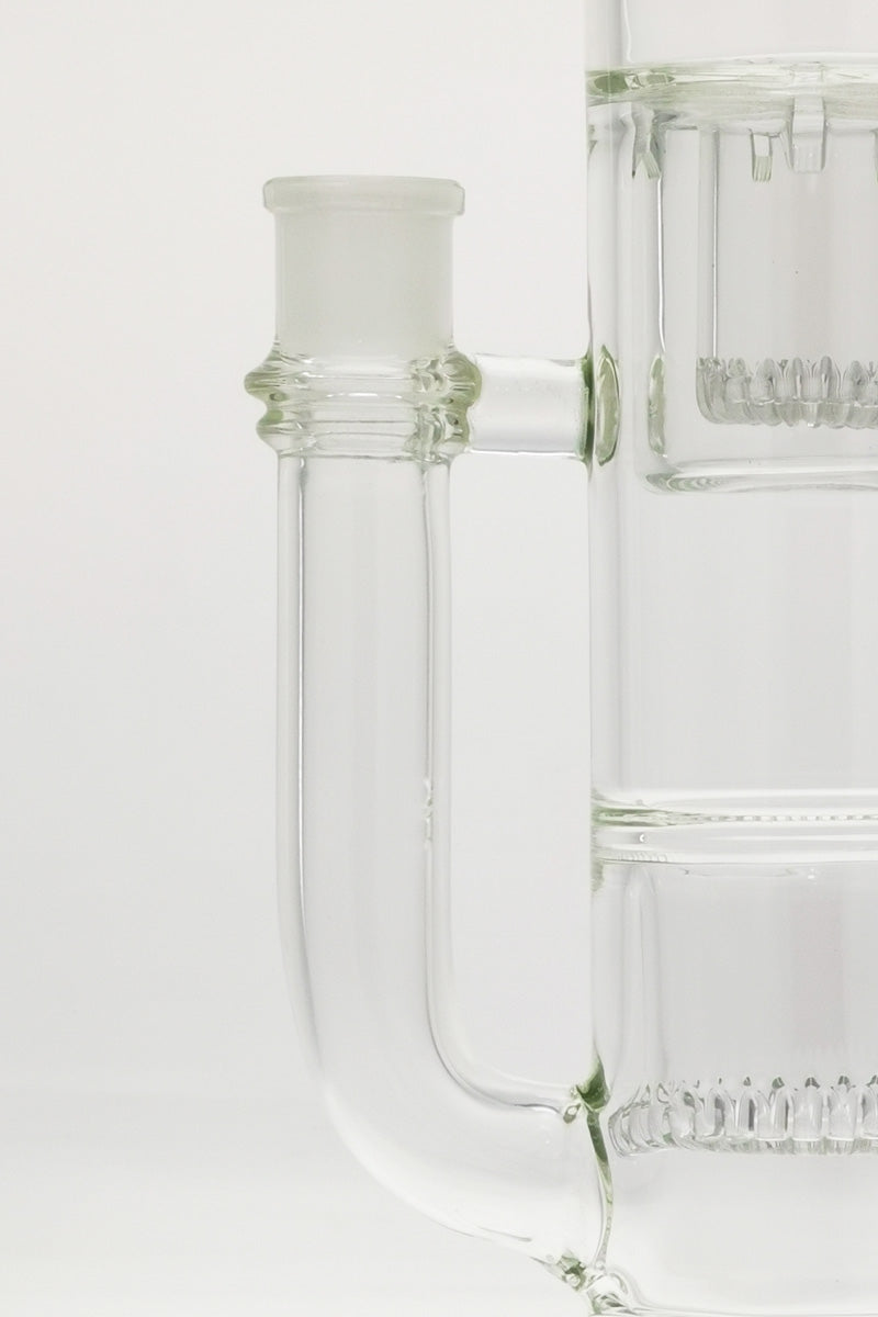 Close-up of TAG 21" bong with triple showerhead perc and dome splash guard, 18MM female joint