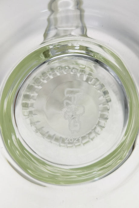 Close-up of TAG 21" Bong base with Rasta-colored Triple Showerhead Percolator and Dome Guard