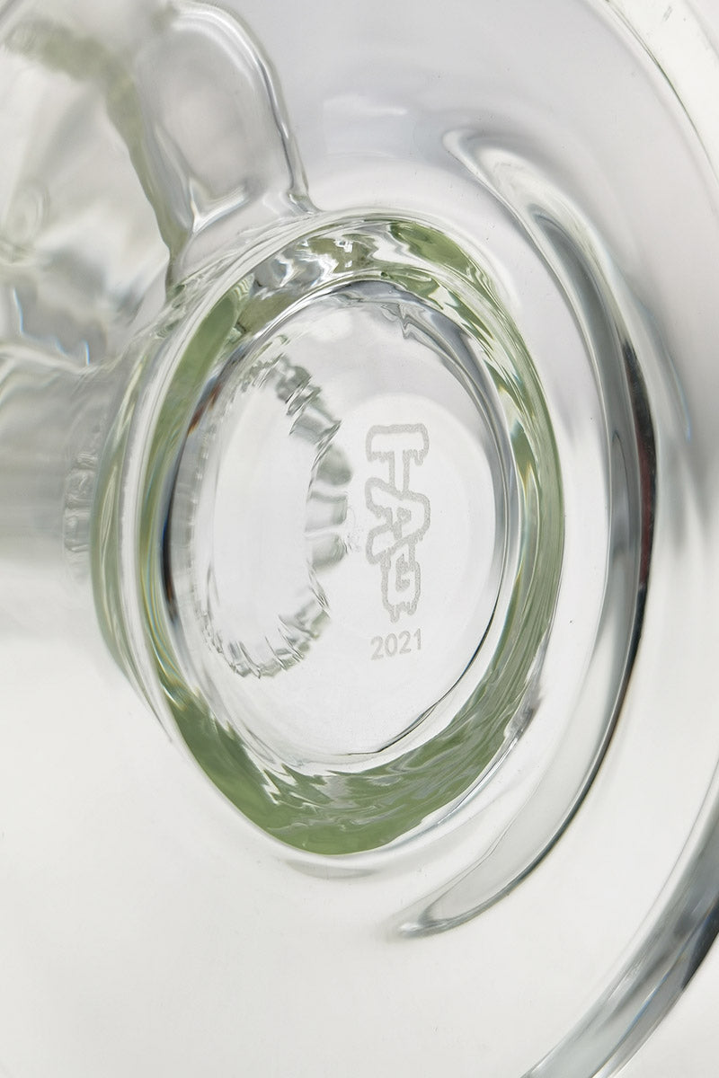 Close-up of TAG logo inside 21" Triple Interior Showerhead Bong with Dome Guard