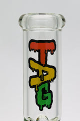 Close-up of TAG 21" Bong with Rasta Colored Logo, Triple Showerhead Percolator, Dome Guard