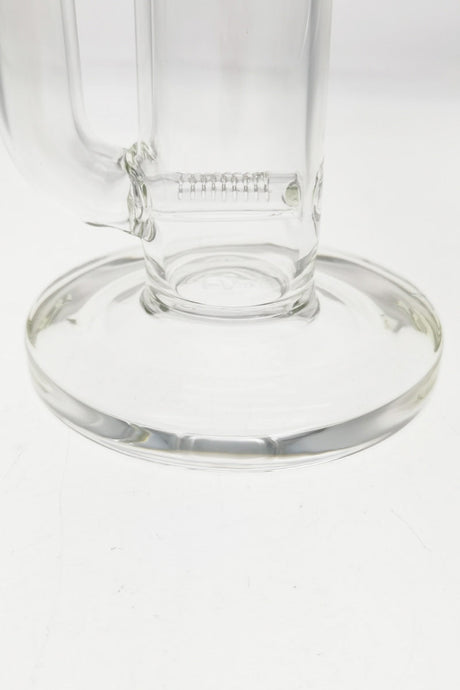 Close-up of TAG 22" clear glass bong base with inline percolator and sandblasted logo
