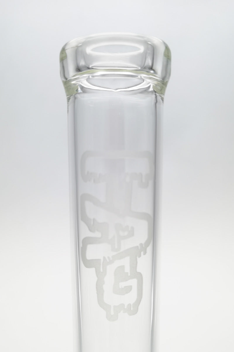 Close-up of TAG 22" Bong Neck with Sandblasted Logo, 18MM Female Joint, Clear Glass
