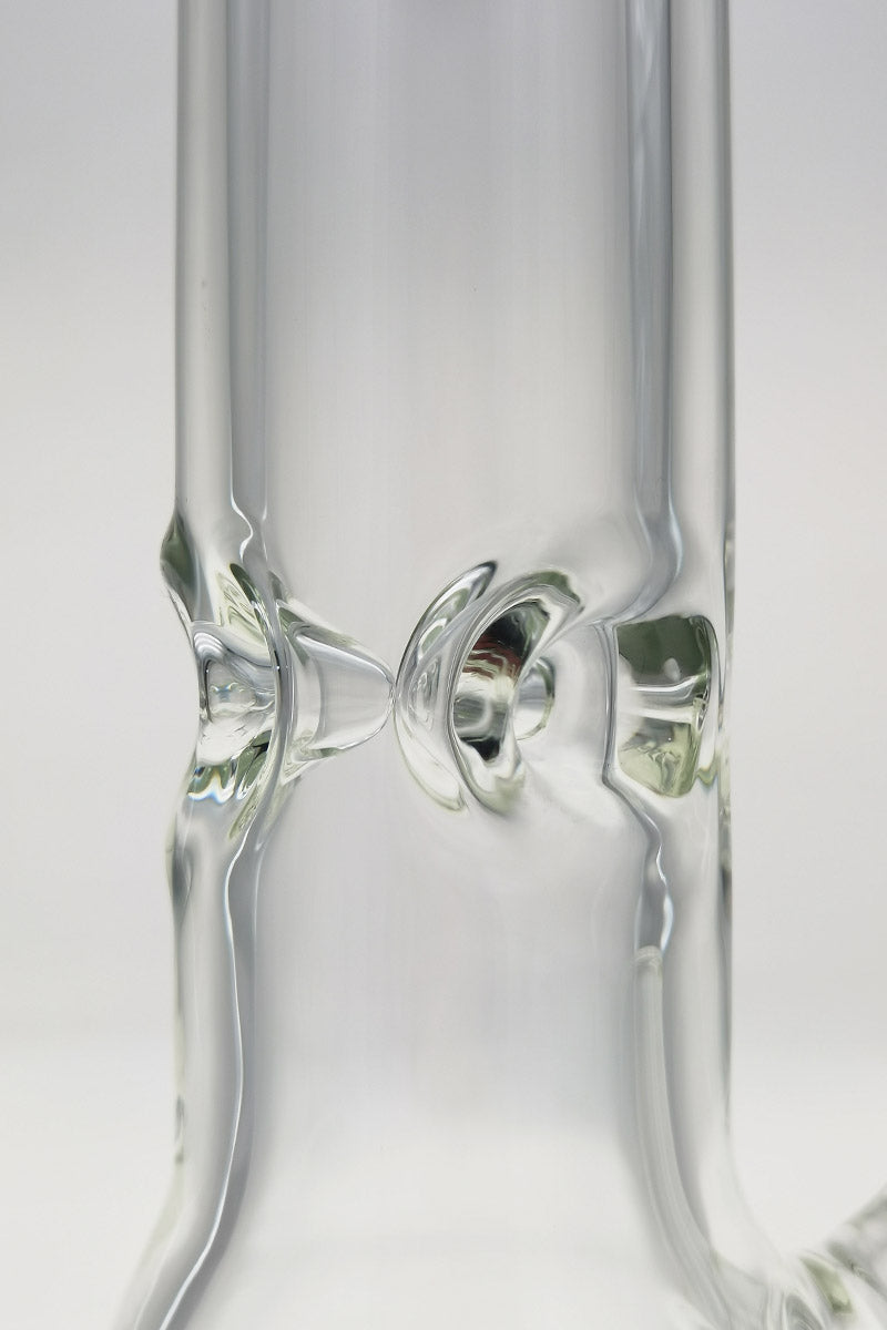 Close-up of TAG 24" Beaker's 28/18MM female joint, showcasing its 9MM thick borosilicate glass