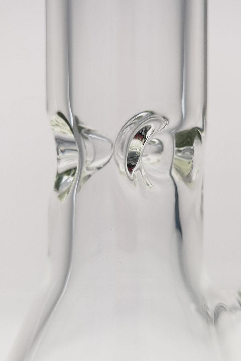 Close-up view of TAG 24" Beaker Bong ice catcher detail, 50x9MM super thick borosilicate glass