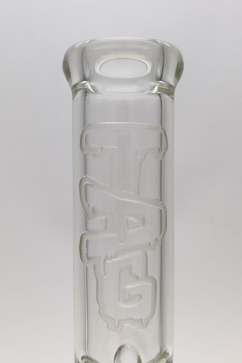 Close-up TAG logo on 24" Thick Ass Glass Bong with Slitted Pyramid Percolator