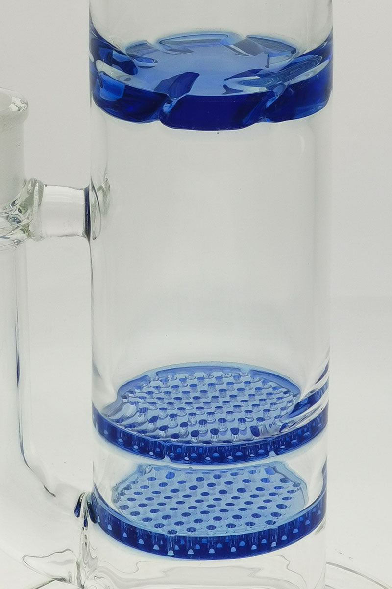 Close-up of TAG Double Honeycomb & Showerhead Percolator Bong with Light Blue Accents