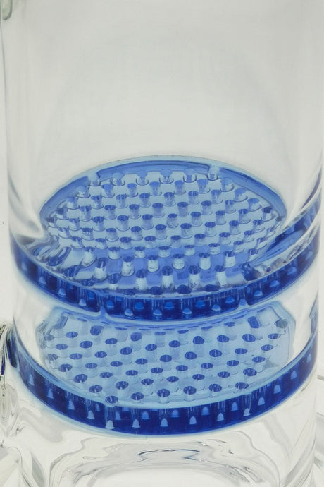 Close-up of TAG Double Honeycomb Bong with Blue Accents and Super Slit Showerhead